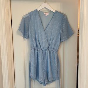 Pink Lily blue raised pom pom romper with tie belt